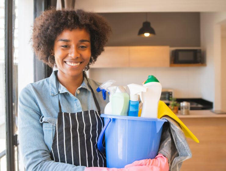 Portrait of young afro woman holding a bucket with cleaning items at home. Housekeeping and cleaning concept.